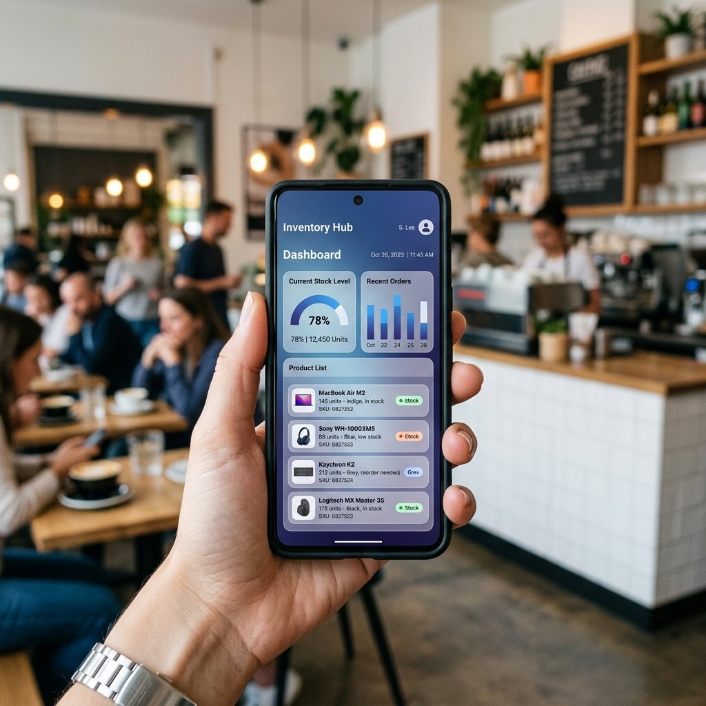 InstaStock App on a Phone — modern inventory dashboard